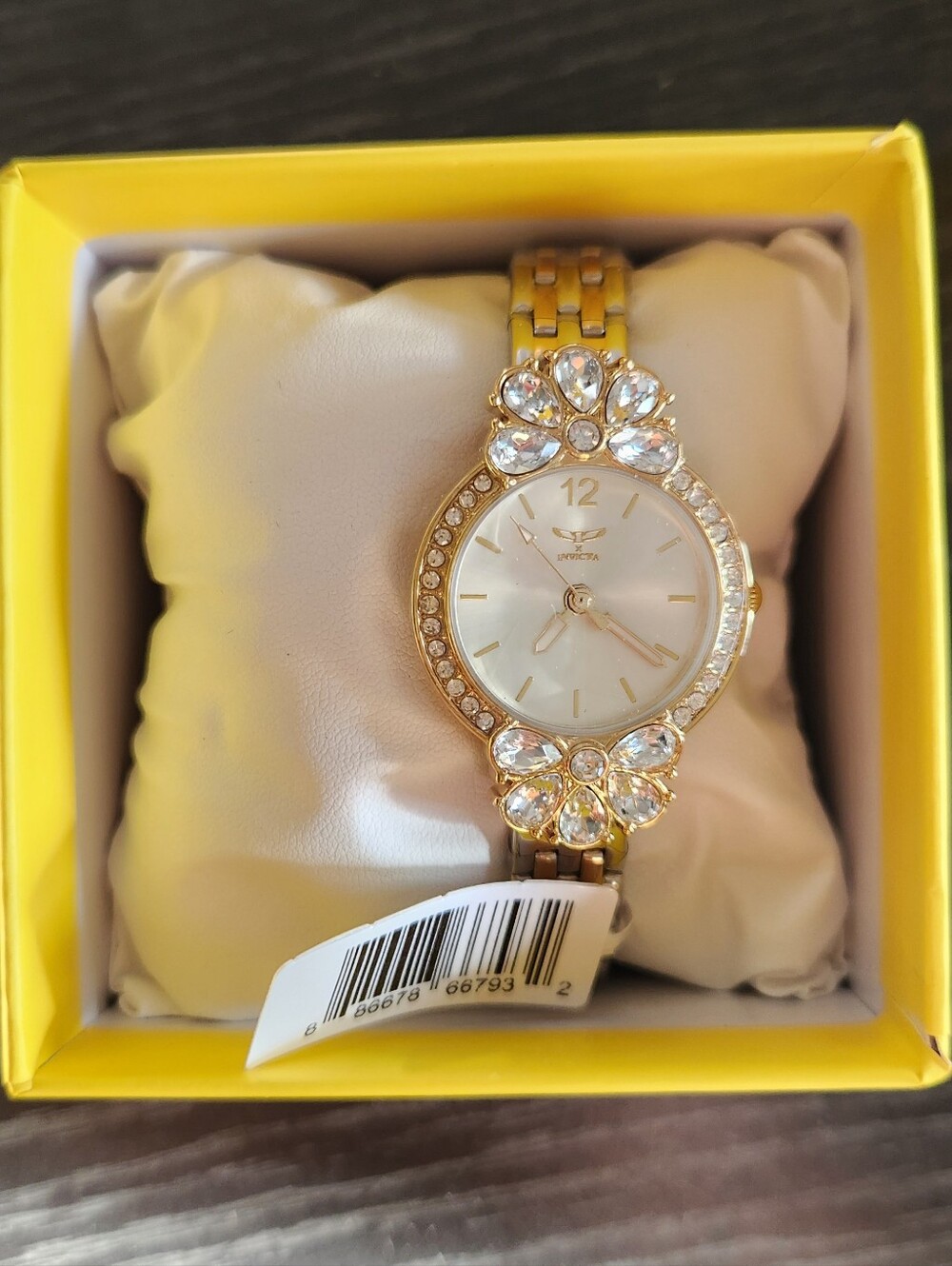 NWT Invicta Women's Gold Crystal Floral Accent Bracelet Watch